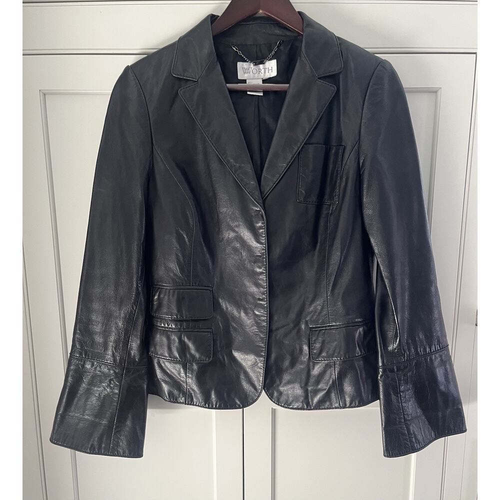 Worth leather jacket bell sleeves Sz. M snap button Caroline Bouvier Kennedy